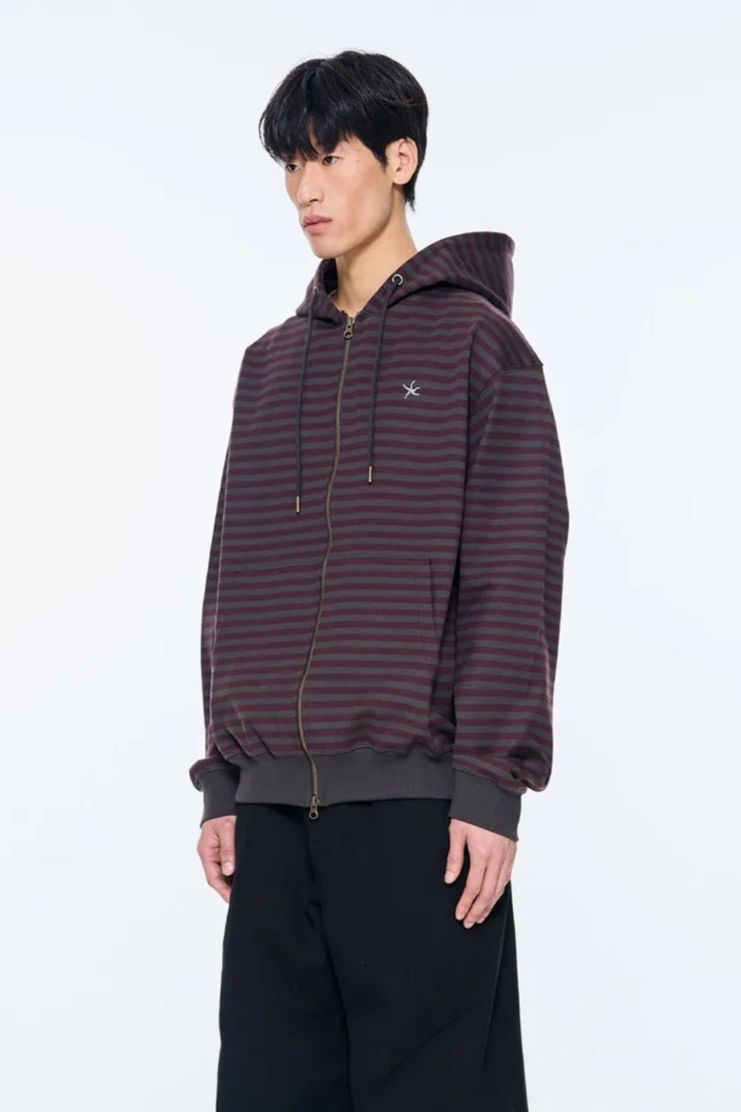 TCM Stripe Hood Zip-up / charcoal burgundy