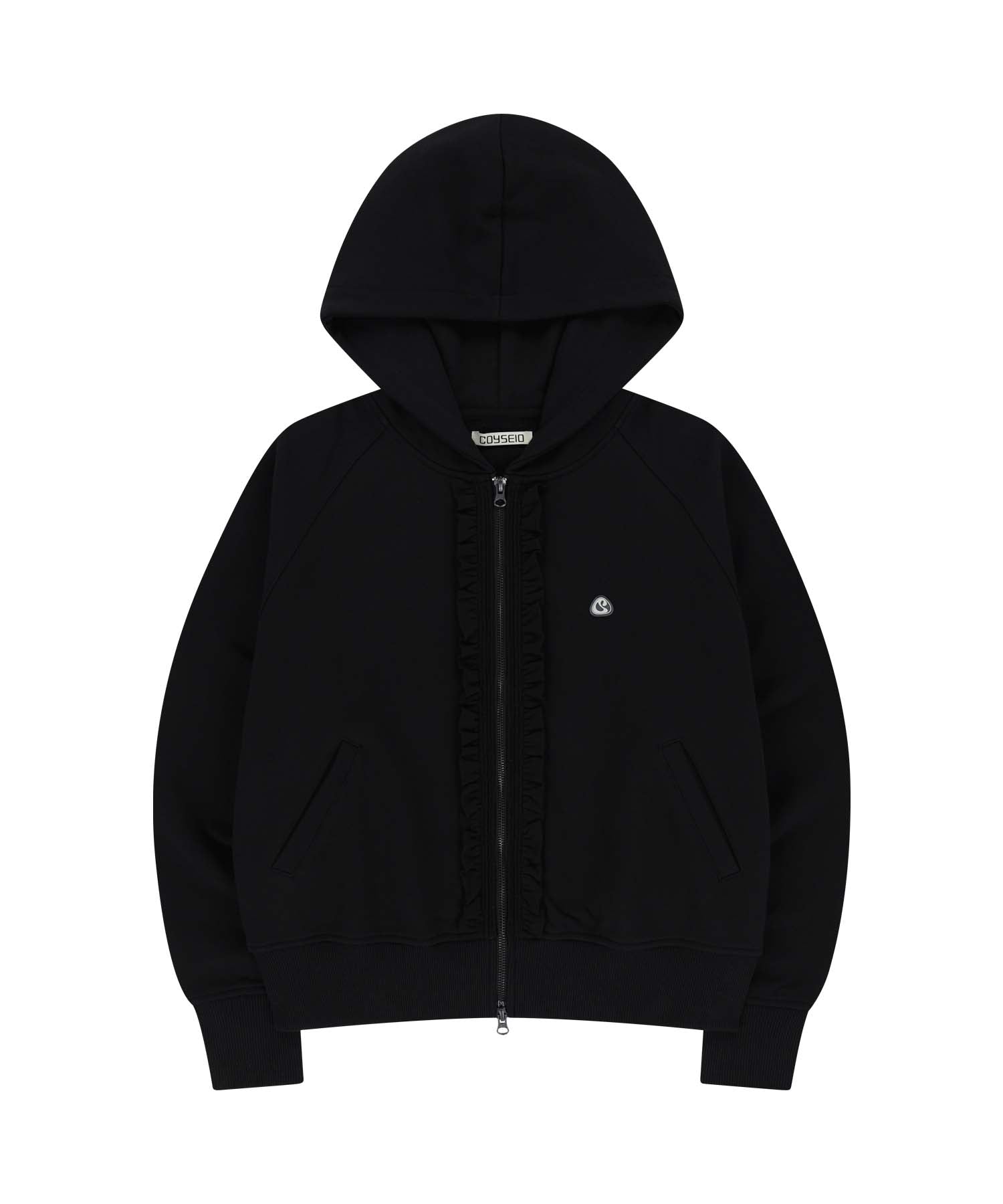 RUFFLE LACE HOOD ZIP-UP BLACK